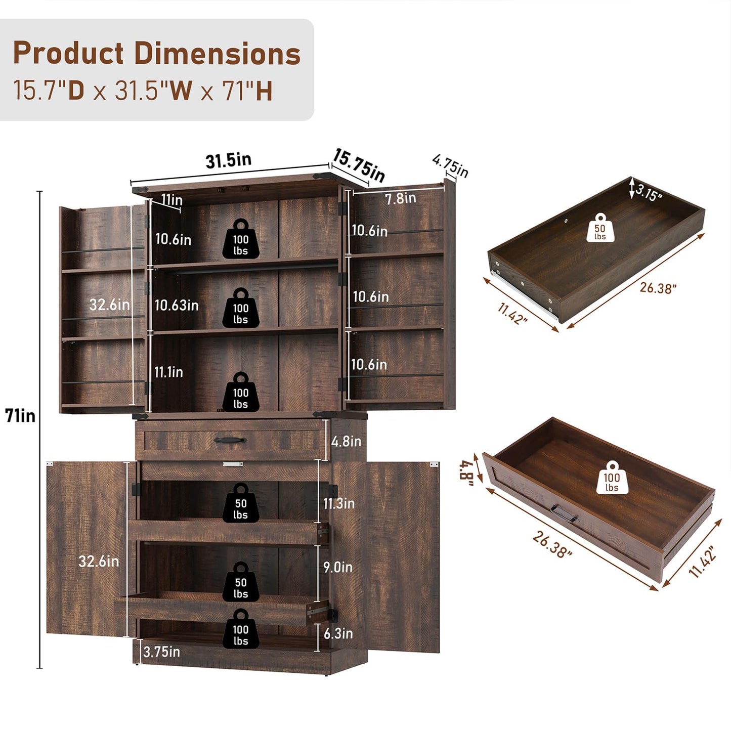 71" Tall Kitchen Pantry Cabinet with 3 Drawers,Farmhouse Storage Cabinet with 6 Barn Door Shelves,with Load-Bearing Steel Pipe and Adjustable Shelves,Pantry Organizer for Kitchen,Living Room(Brown)