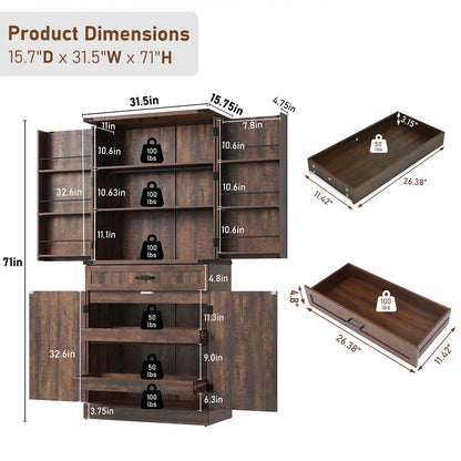 71" Tall Kitchen Pantry Cabinet with 3 Drawers,Farmhouse Storage Cabinet with 6 Barn Door Shelves,with Load-Bearing Steel Pipe and Adjustable Shelves,Pantry Organizer for Kitchen,Living Room(Brown)
