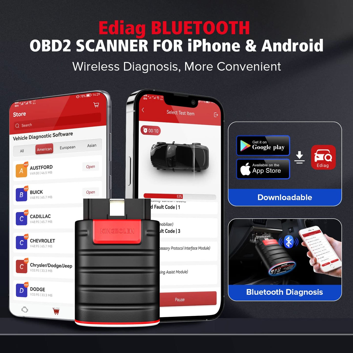 KINGBOLEN Ediag OBD2 Scanner Bluetooth, Bidirectional Scanner All System Diagnostic Tool for iOS & Android, ECU Coding, Active Test,15+ Reset Function, FCA AutoAuth, 1 Year Fr-ee Update from Thinkcar