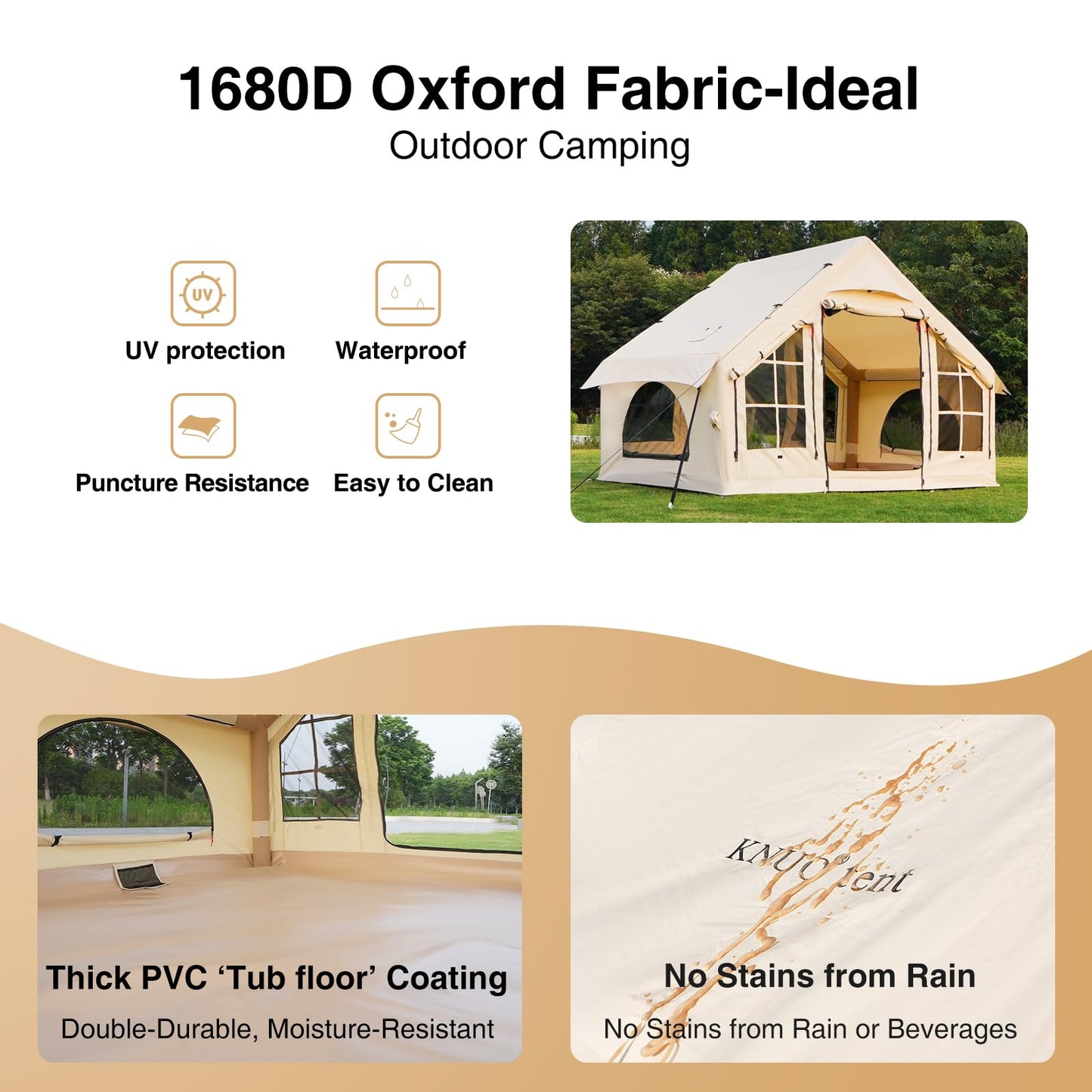 KNUO 2026 Upgraded Waterproof Inflatable Camping Tent for 2~4 People, Large Blow-Up Air Tent, No Assembly Needed Luxury Glamping House, 10x7.2ft Oxford Fabric, Beige