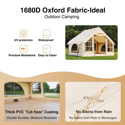 KNUO 2026 Upgraded Waterproof Inflatable Camping Tent for 2~4 People, Large Blow-Up Air Tent, No Assembly Needed Luxury Glamping House, 10x7.2ft Oxford Fabric, Beige