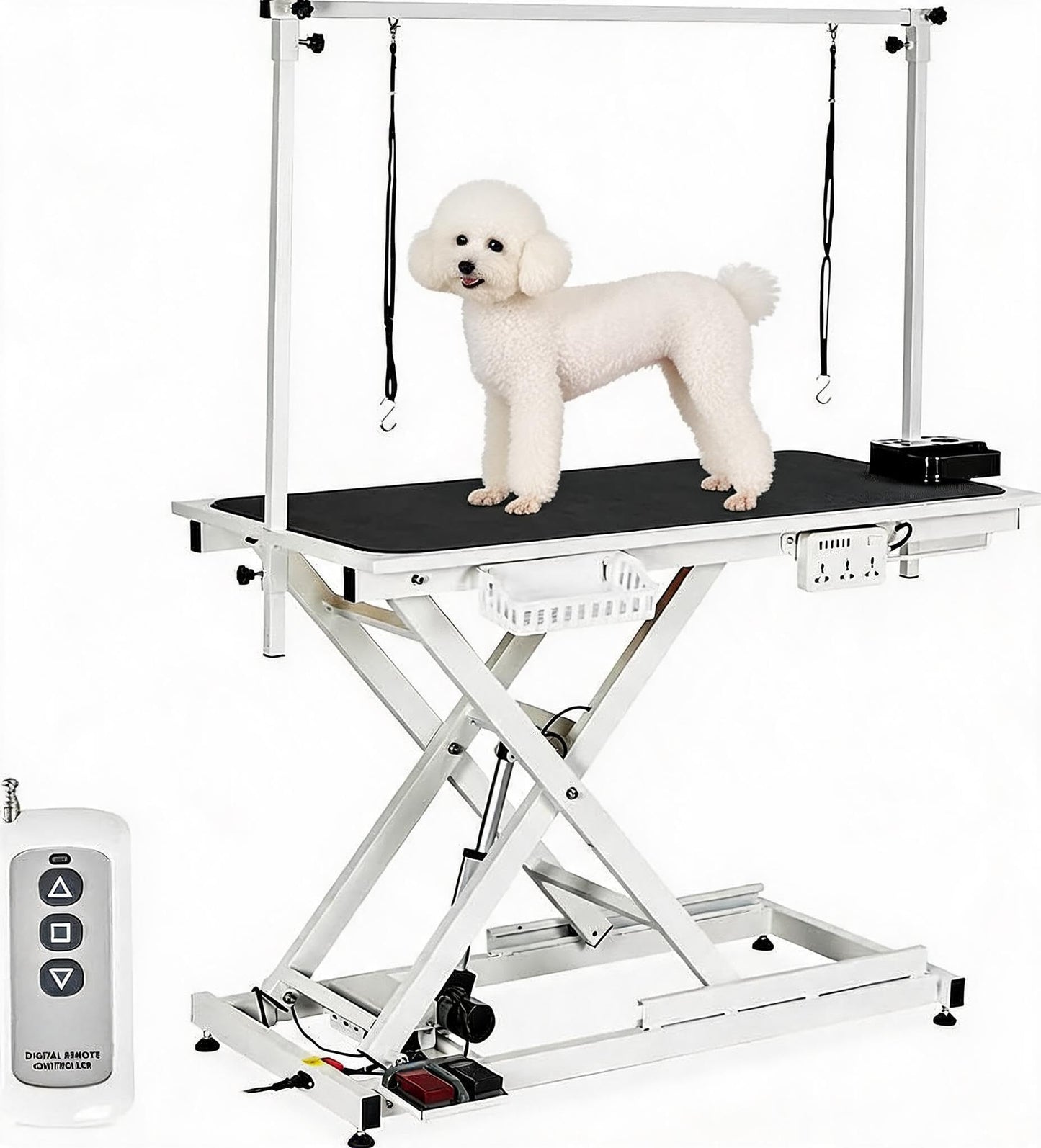 MilleLoom 50" Electric Dog Grooming Table for Home, Heavy Duty Height Adjustable Pet Wash Station with Arm, Portable Non-Slip Tabletop, Tool Organizer & USB Outlet, Supports 300lbs for All Pets