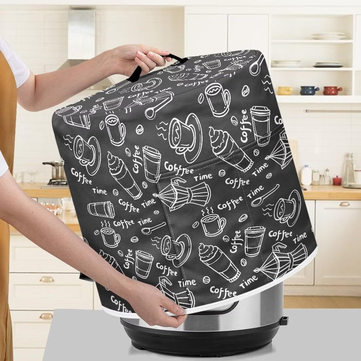 Dust Cover for 3 Quart Instant Pot, Easy Clean Pressure Cooker Cover with Pocket for Home Decor (Coffee Time Black)