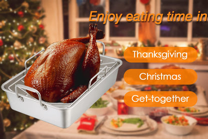 TeamFar Stainless Steel Roasting Pan, 16 Inch Large Turkey Roaster Lasagna Pan with V Rack & Cooling Rack Set for Roasting, Baking, Healthy & Heavy Duty, Deep Side & Dishwasher Safe - 3 PCS