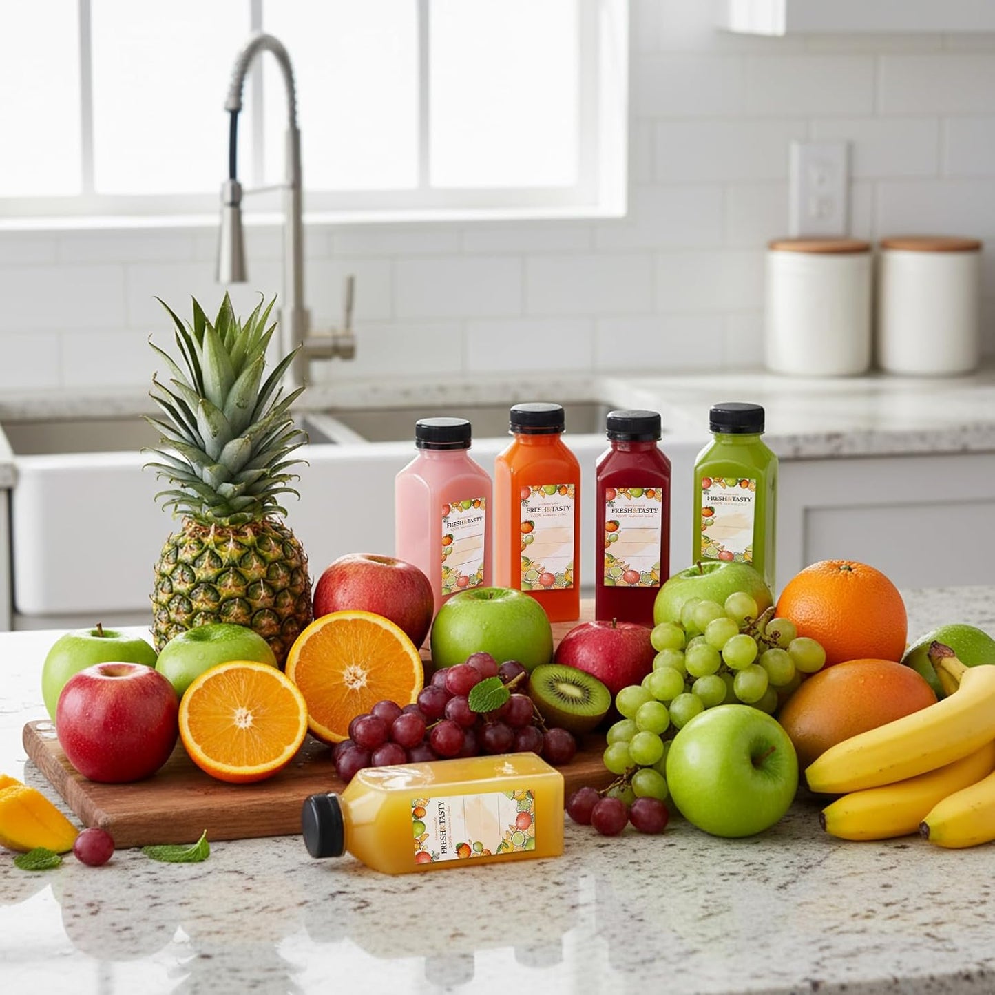 12pcs 12oz TOMNK Juice Bottles, Reusable Plastic Juice Containers Bottles with Caps and Labels, Funnel, Brush Beverage