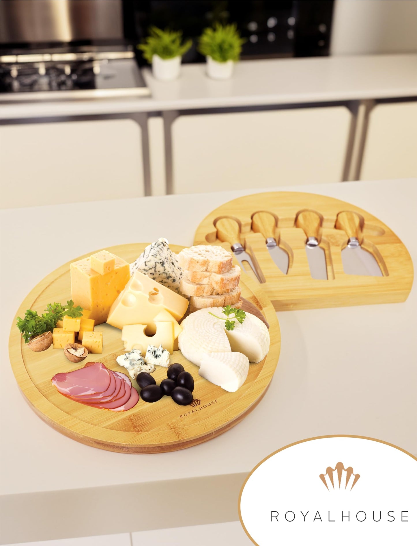 RoyalHouse Bamboo Round Cheese Board and 4 Knives Set with Slide-Out Cutlery Drawer - Charcuterie Boards Set - House Warming Gifts New Home, Wedding Gifts for Couple 2025, Bridal Shower