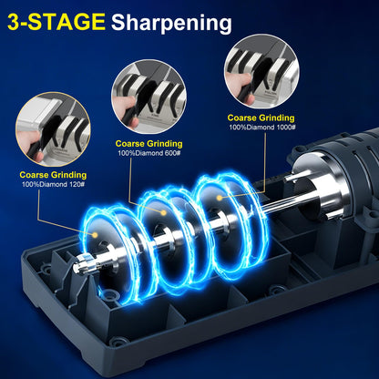 Knife Sharpener Electric, 3-Stage Professional Kitchen Sharpener with 100% Diamond Abrasive, 15° Precision Angle, Magnetic Dust Box, Fast Sharpening & Repair for Chef Knife, Paring Knife