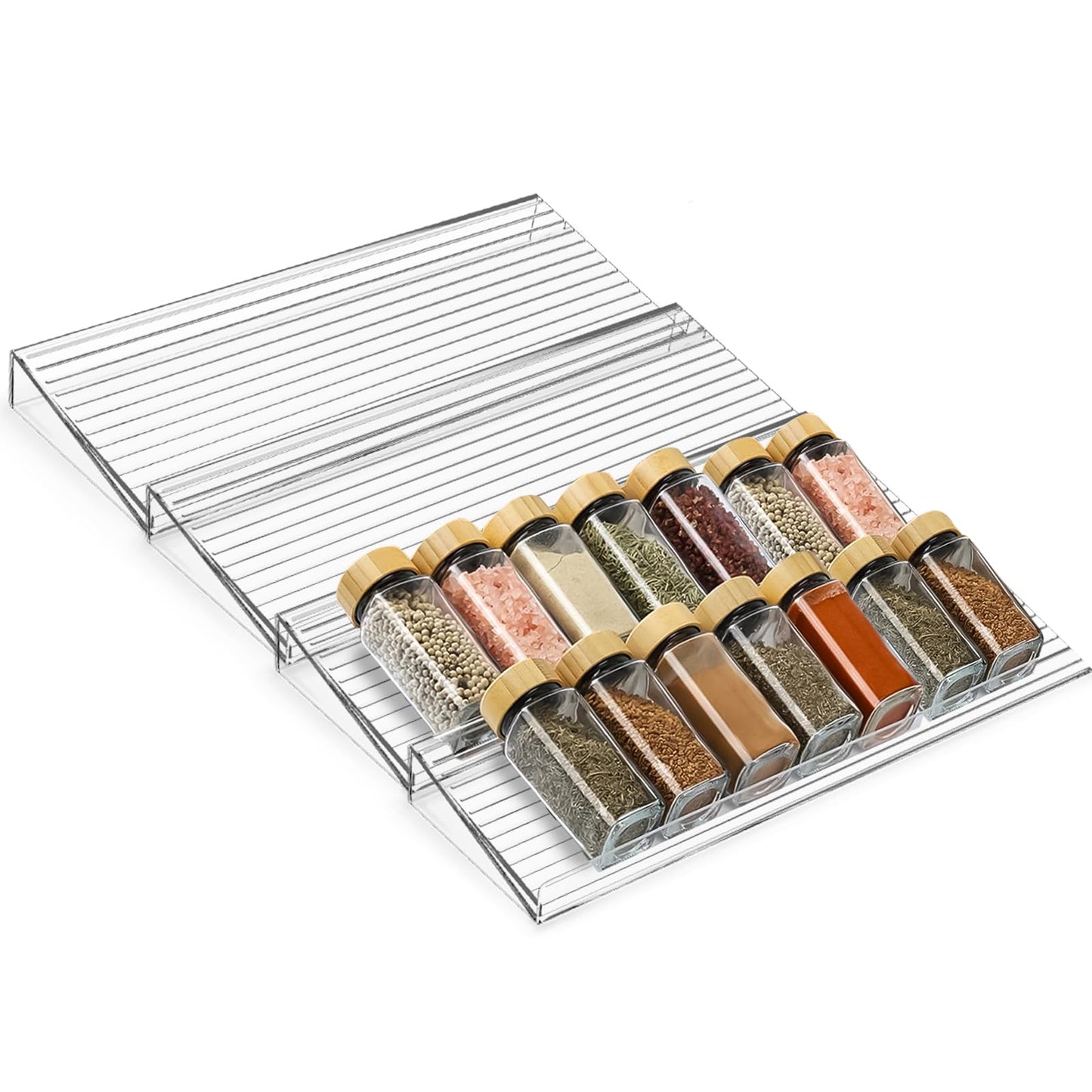 Spice Drawer Organizer, 4 Tier Clear Acrylic Drawer Seasoning Organizer Rack, Kitchen Seasoning Jars Drawers Insert, Expandable 11" to 22" Spice Rack Tray for Cabinet/Countertop (Jars Not Included)
