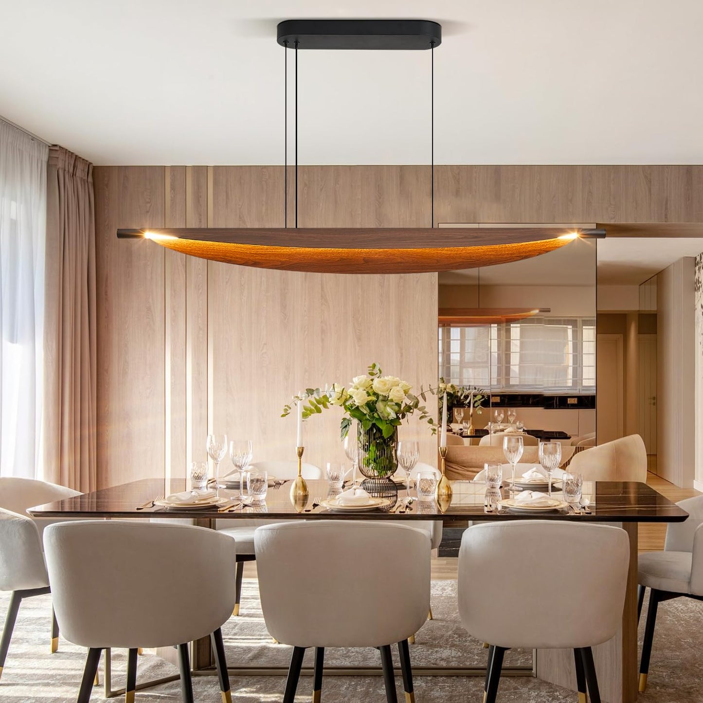 Waikmdv Pendant Lights 47.2In Dimmable Wood Grain Linear Pendant Light LED Kitchen Chandelier Hanging Light Fixture for Dining Room Kitchen Island