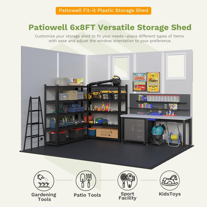 Patiowell 6X8 FT Resin Outdoor Storage Shed with Floor, Plastic Tool Sheds with Lockable Door and Window, Weather-Resistant Garden Shed, Easy Assembly for Backyard, Patio, Light Grey