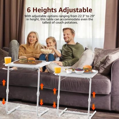 TV Trays Set of 2 - Folding TV Tray Adjustable Dinner Trays for Eating On Couch Wooden Tables Mate Stand Foldable White Desk with Cup Holder Portable