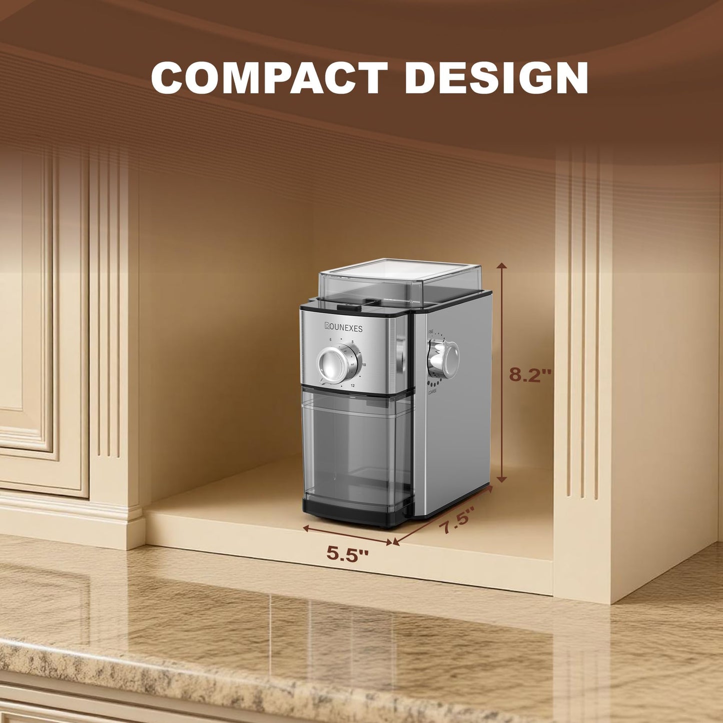 ROUNEXES Electric Flat Burr Coffee Grinder, Coffee Grinder with 17 Grind Settings, Coffee Beans Grinder with Removable Burr, Large Capacity Bean Hopper & Compact Design for Home&Office
