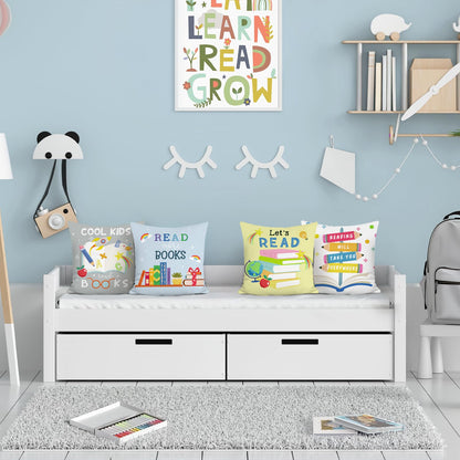 Bonhause Reading Books Throw Pillow Covers 18 x 18 Inch Set of 4 Kids Reading Room Classroom Decorative Cushion Covers for Children Nursery Room Library Decor