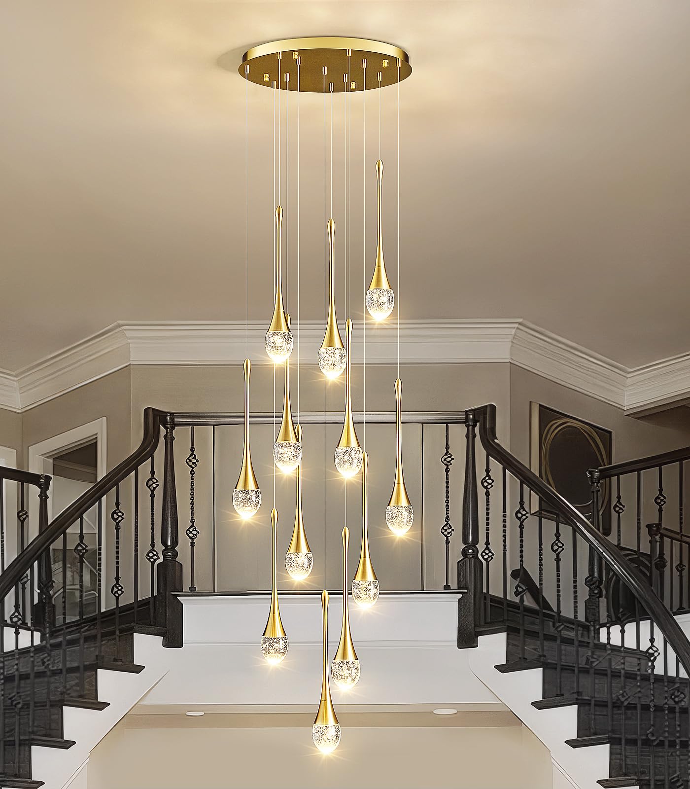 Raindrop Crystal Chandelier High Ceiling: 12 Lights Remote Dimmable LED - Large Long Modern Bubble Hanging Pendant Light Fixture Teardrop Spiral Chandeliers for Living Room Staircase Entryway Foyer