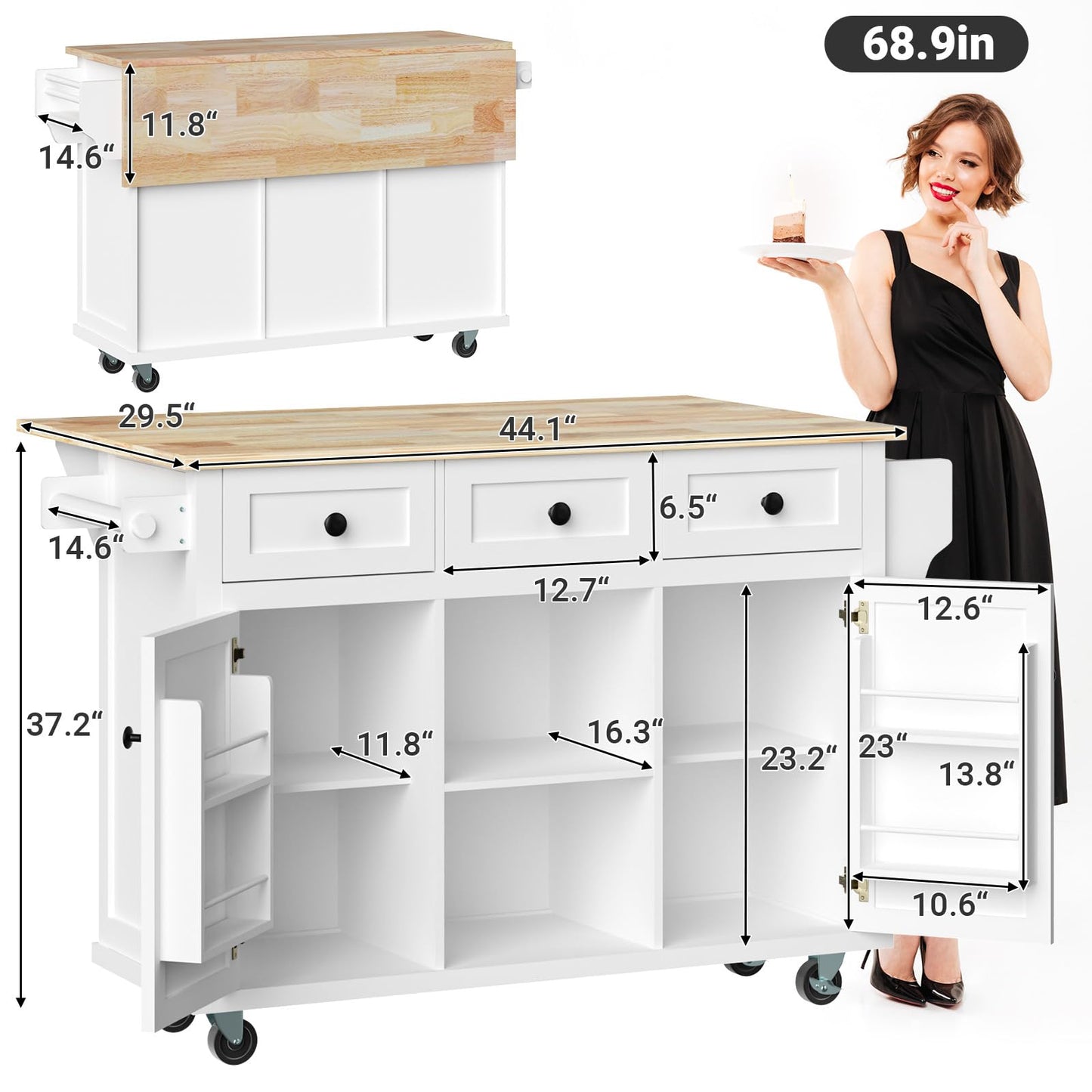 Rovibek Kitchen Island with Drawers 53 in Rolling Island Cart Mobile Solid Wood Portable Islands on Wheels with Storage Cabinet & Drawers, White