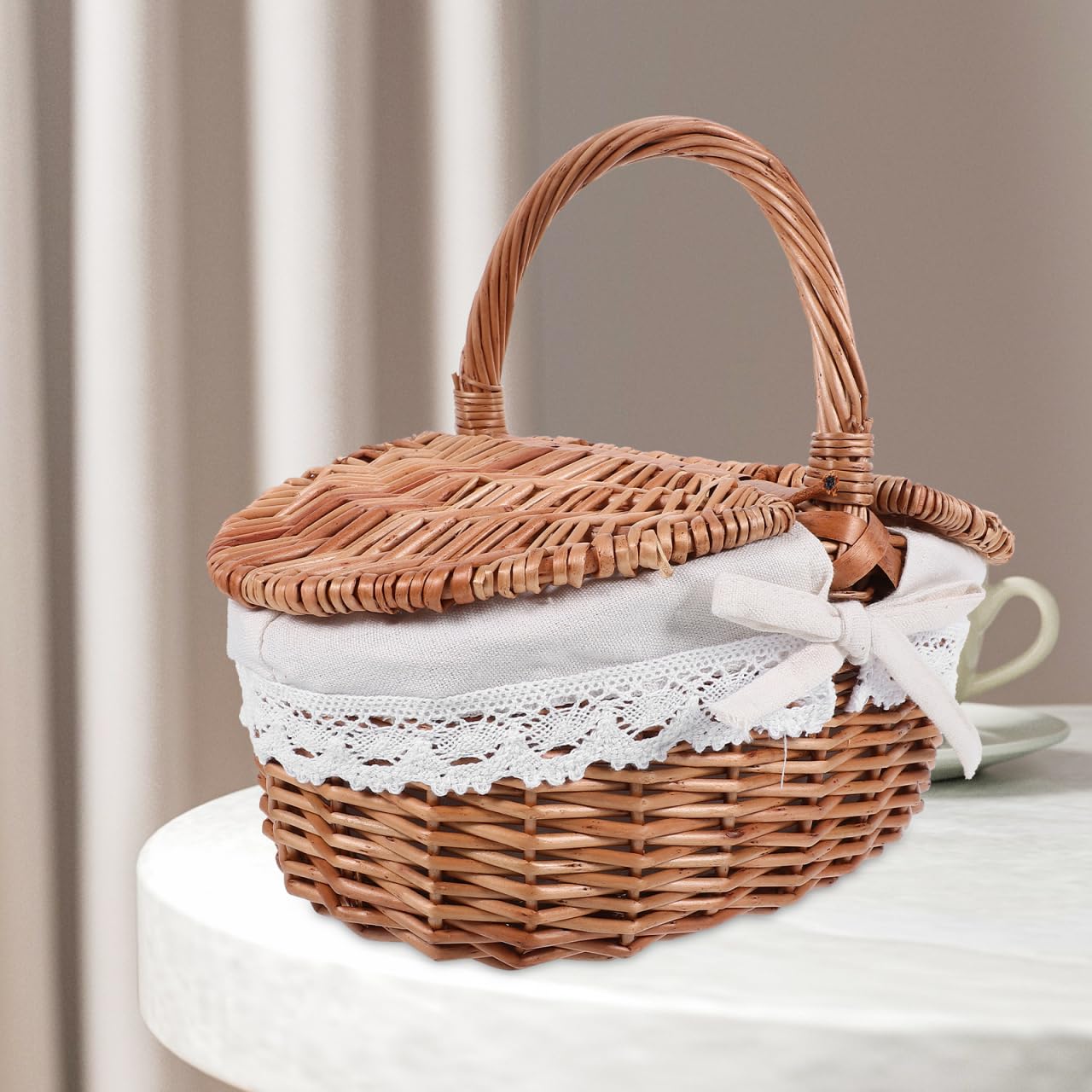 Mipcase Wicker Picnic Basket with Lid and Handle: Vintage Woven Storage Basket with Washable Lining for Flowers Vegetables Fruits, 10.02X7.27X5.31in