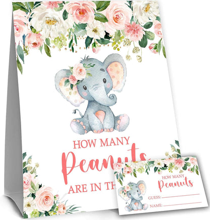 Yuzioey Pink Elephant Baby Shower Game, Guess How Many Peanuts, 50 Cards and Matching Sign