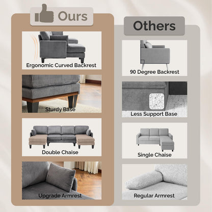 VINGLI 108" W U-Shaped Sectional Couches for Living Room, Sturdy Wooden Armrest Corduroy Cloud Couch with Double Chaise, High Support Modern 4-Seat Sectional Sofa for Apartment, Offices, Dark Grey