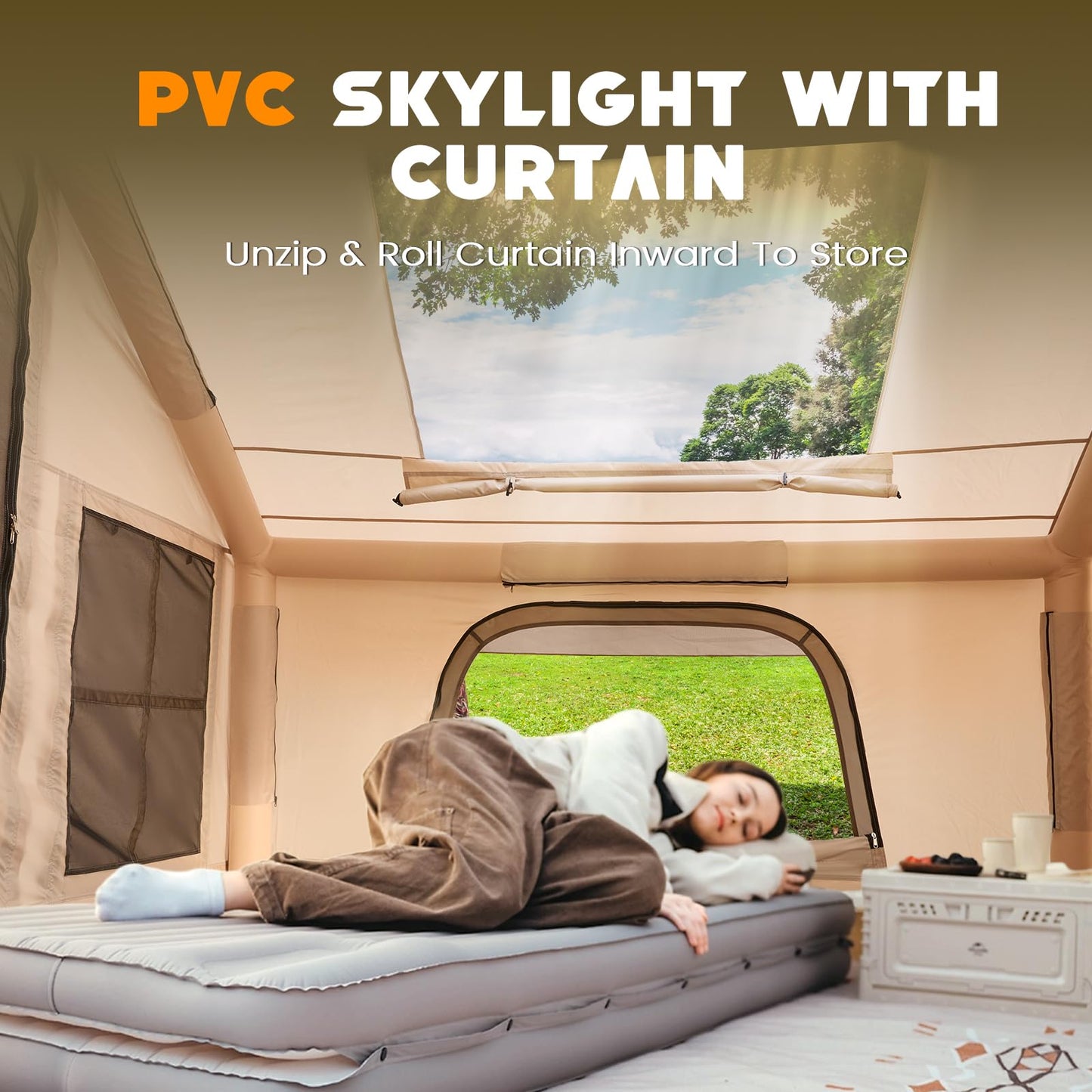 Inflatable Tent with Skylight, Quick Setup Blow Up Tents with Pump, Hot Tent with Stove Jack, Waterproof Oxford Inflatable House for Camping, Air Glamping Tents for Camping Adult 4-6 Person