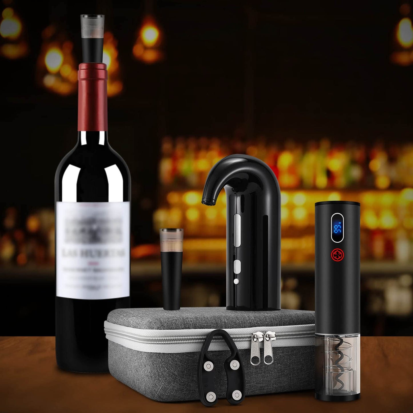 Wine Opener Valentines Day Gift Set with Electric Wine Bottle Opener, Wine Decanter&Wine Aerator and Pourer, wine stopper, Foil Cutter and EVA Storage Bag, Rechargeable and Automatic(Black)
