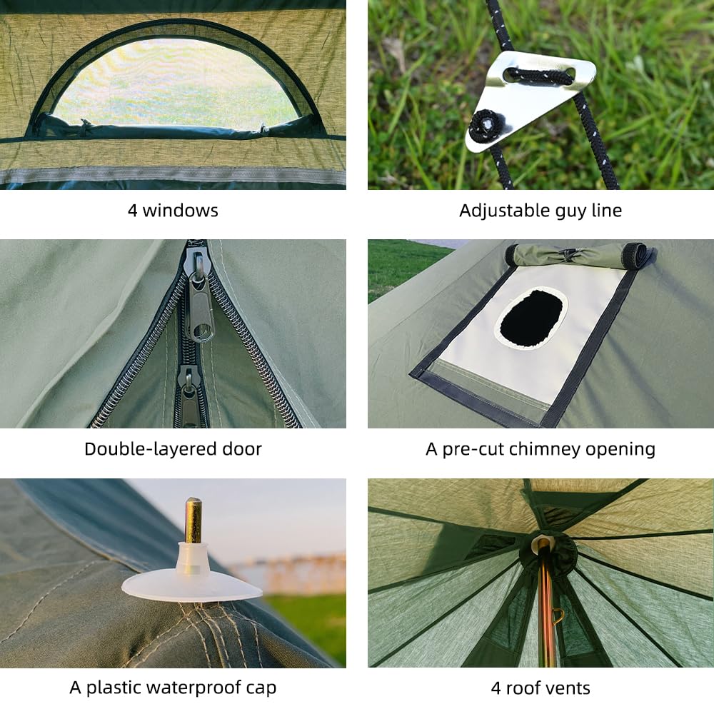WaldZimmer Canvas Bell Tent 13.1ft Green with Pre-Cut Stove Jack, Spacious 4m Family Yurt Tent for 4-5 Person, 4 Season Water-Repellent Tents with Zipped Removable Floor for Camping and Glamping