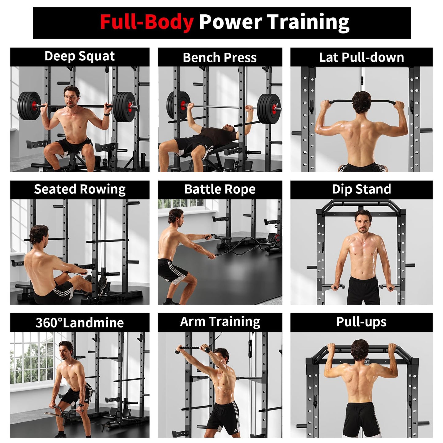 JEEKEE Power Rack with LAT Pulldown, 2000LBS Power Cage with Cable System, Multi-Function Squat Rack with J-Hooks, Safety Bars, Landmine, Pull Up Bar & Attachments for Home Gym Strength Training,Black