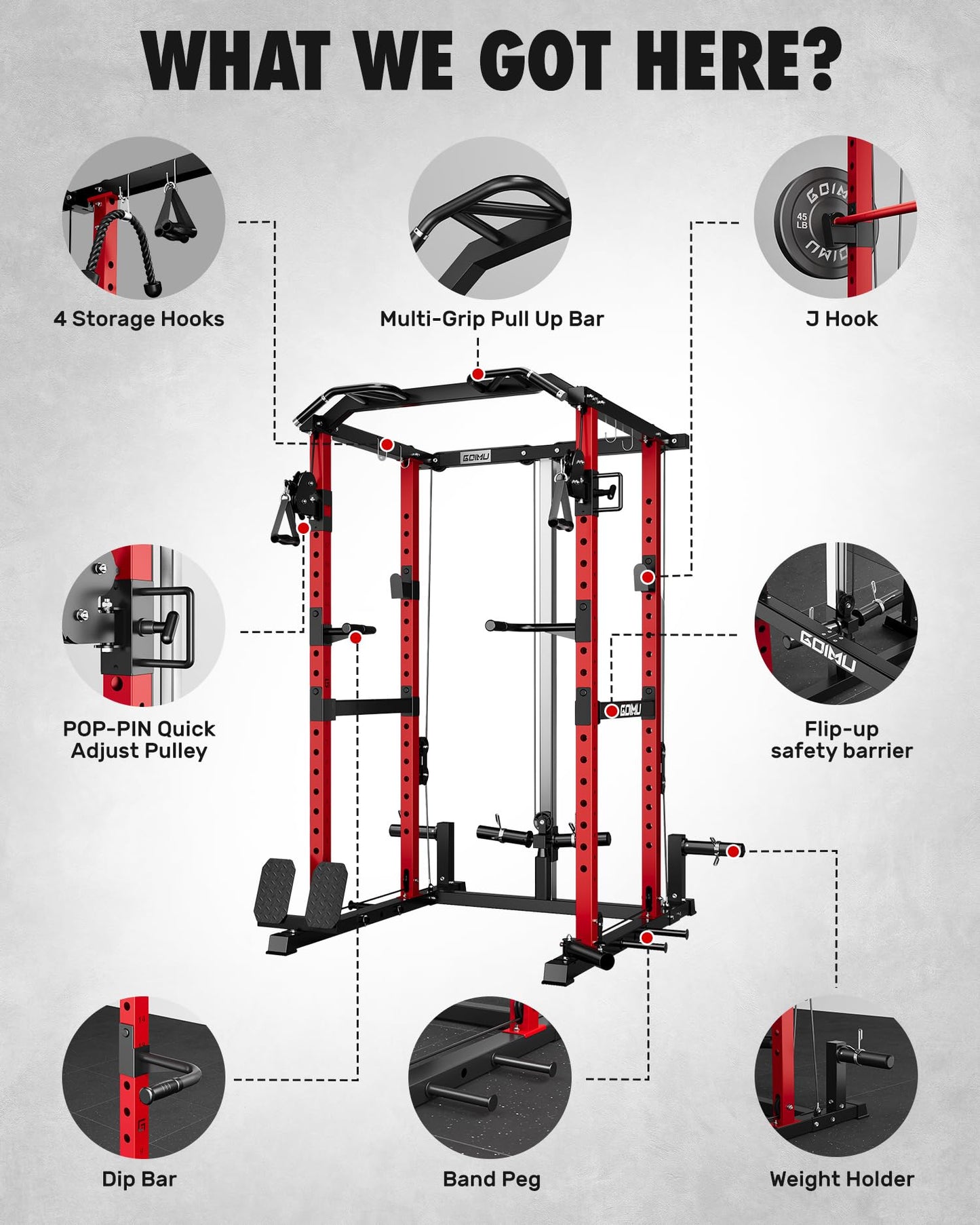 GOIMU RH01 Power Cage Rack, 2000LBS Squat Rack with with Cable Crossover System&LAT Pull Down System, Multi-Function Workout Cage for Home&Garage Gym (Red-SE, RH01 Power Cage with 290LB C Weights)