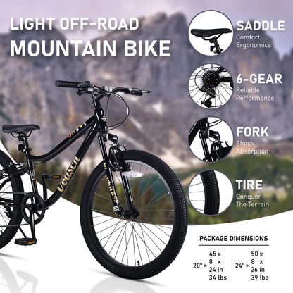 vollsch 24 Inch Kids Mountain Bike for 9-15 Years Old Boys Girls Teens 6-Speed Child MTB Bicycle with Front Suspension Fork, Black