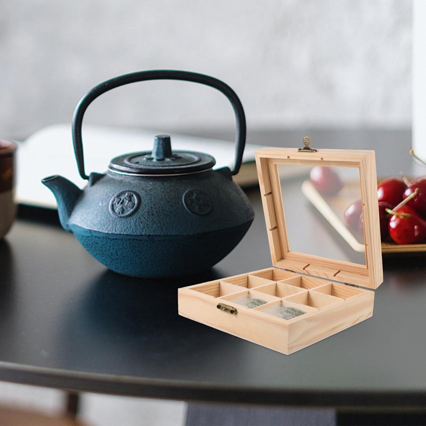 FAVOMOTO Multi-Compartment Countertop Holder, Wooden Tea Storage Box with 9 Divided Sections for Tea Bags and Seasoning