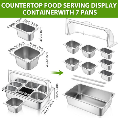 Ziliny Countertop Food Serving Display Container and Clear Roll Top Cover Stainless Steel Food Serving Tray Buffet Condiment Dispenser Display Rack for Restaurant Hotel Kitchen Party (7 Pan)