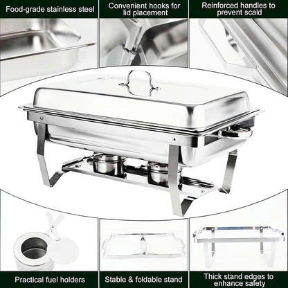 FENOKD Chafing Dish Buffet Set 2 Pack Stainless Steel Chafer for Catering, Full Size Rectangular Catering Chafer Warmer Set with Trays Pan Lid Folding Frame Stand.