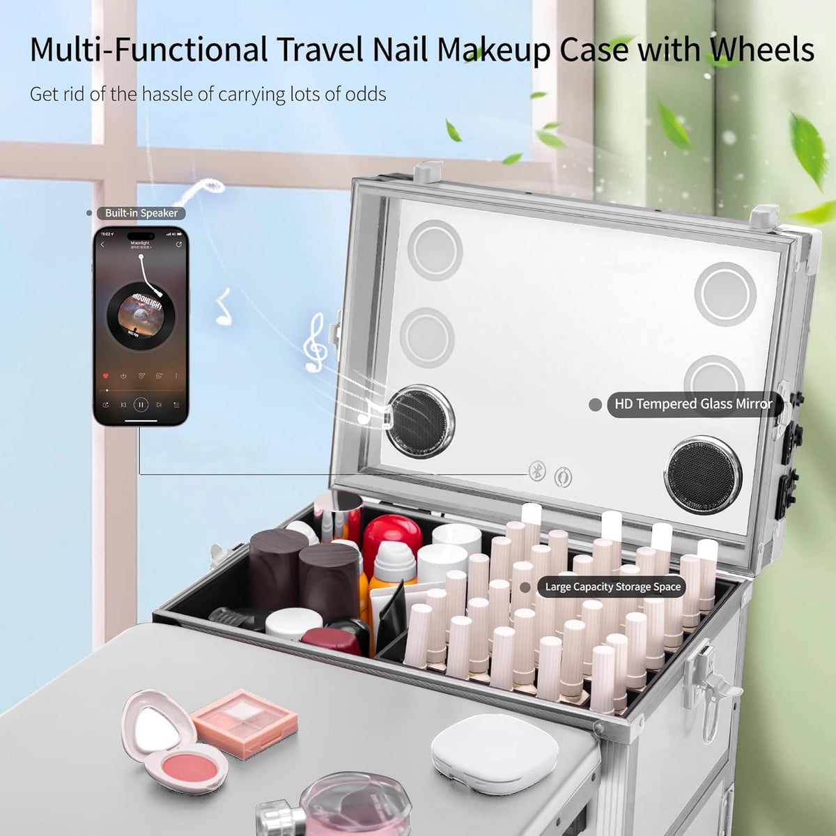SJD LACE Rolling Manicure Table with 3 Drawers, Portable Nail Desk for Nail Tech, Foldable Nail Table Lockable Makeup Case with Mirror, Nail Polish Organizer, Mobile Nail Tech Workstation with Wheels