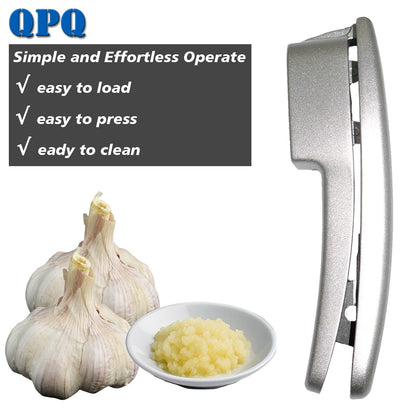 QPQ 2-in-1 Professional Garlic Press and Peeler Set, Aluminum Kitchen Tool with Built-in Cleaner, Manual Crusher and Mincer for Unpeeled Garlic Cloves,Fast And Portable Garlic Peeler