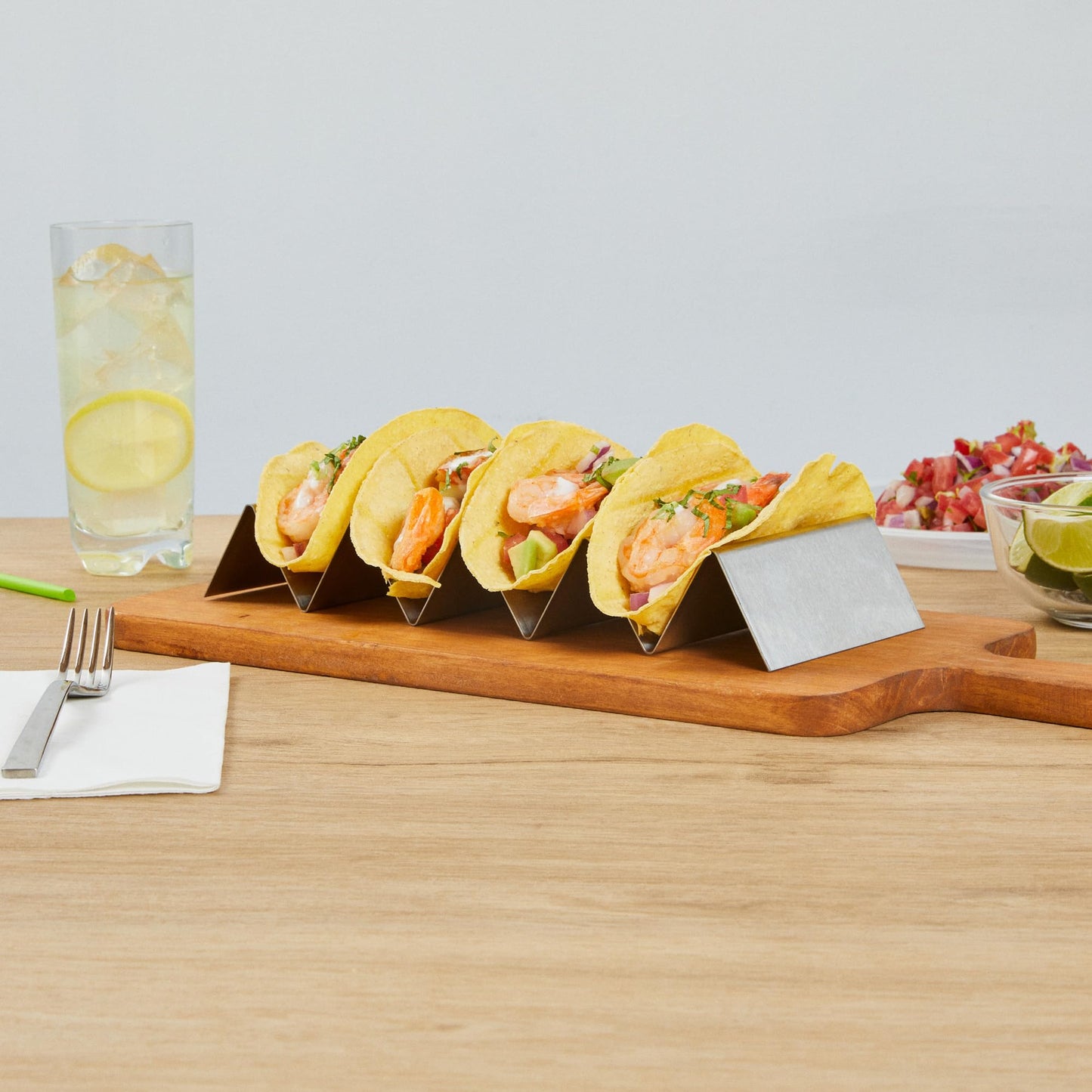 Restaurantware 10.7 Inch x 4 Inch Taco Stand 1 Holds 4 Tacos Taco Rank - Reversible Dishwasher Safe Stainless Steel Taco Holder For Hard Or Soft Shells