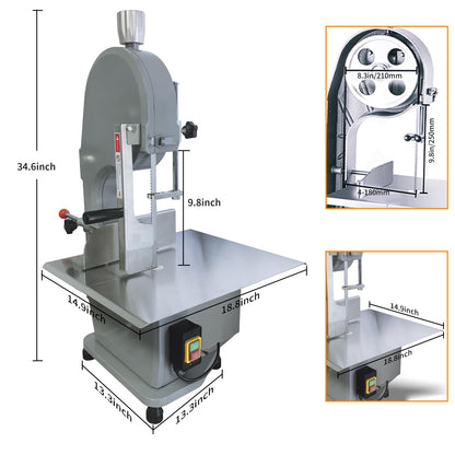1100W Commercial Electric Meat Bandsaw 110V Electric Bone Saw Machine, Thickness Range 0.16-7.1 Inch, Table Sawing for Cutting Rib, Frozen Meat with 5 Saw Blades and 18.8" x 14.9" Workbench