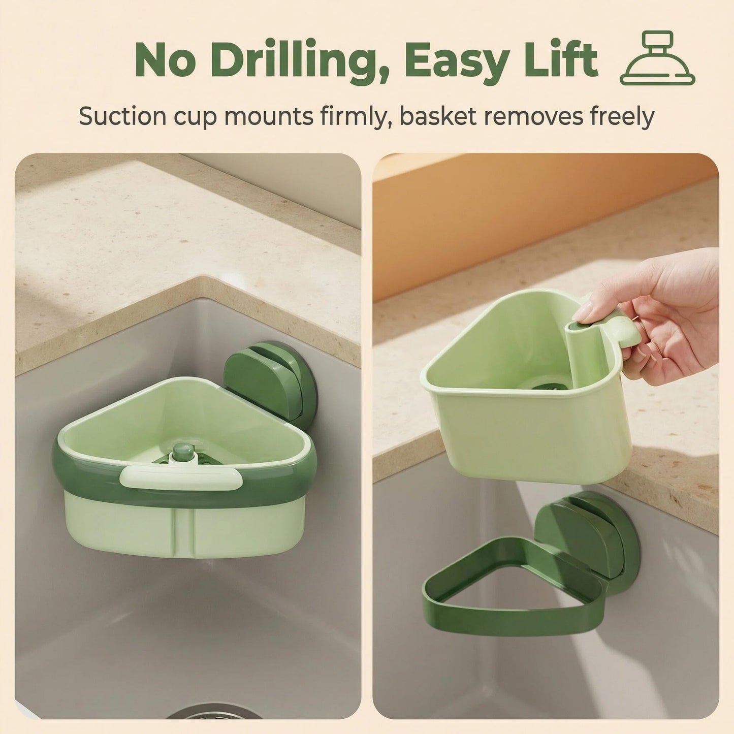 2 Pack Suction Cup Corner Sink Strainer, Press 2026 Upgraded Automatic Dumping Food Waste Catcher for Sink, Triangle Kitchen Sink Strainer Basket, Faucet Sponge Storage Rack (Green + Yellow)