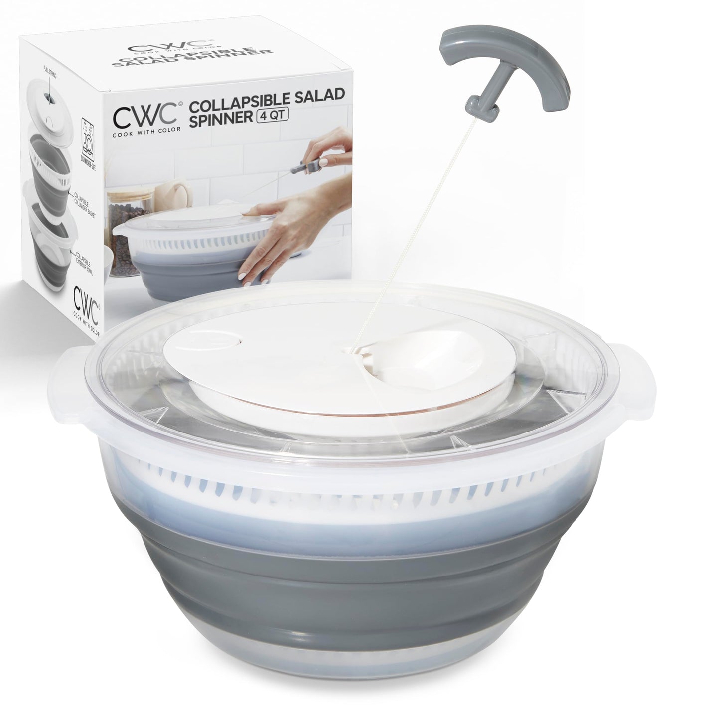 COOK WITH COLOR Collapsible Salad Spinner - 4 QT Space Saving Lettuce Dryer with Folding Collapsible Colander Great for Washing and Drying Fruit and Vegetables (Grey)