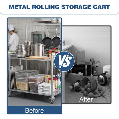 Metal Cart on Wheels 660 lbs Capacity, 2‑Shelf Folding Stainless Steel Cart with Handle, Metal Rolling Cart with Wheels, Rolling Metal Cart for Warehouse Garage Home – 39"x36"