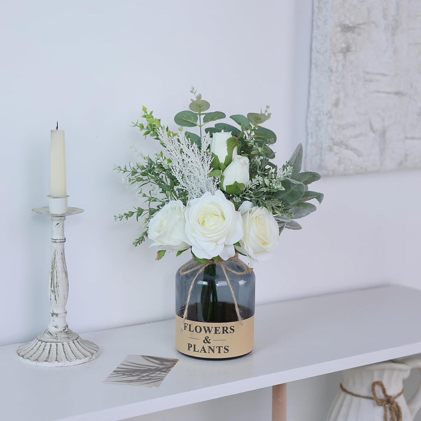 YXZZWL Artificial Flowers with Vase, Faux Silk Roses and Eucalyptus Centerpiece for Home Decor (White)