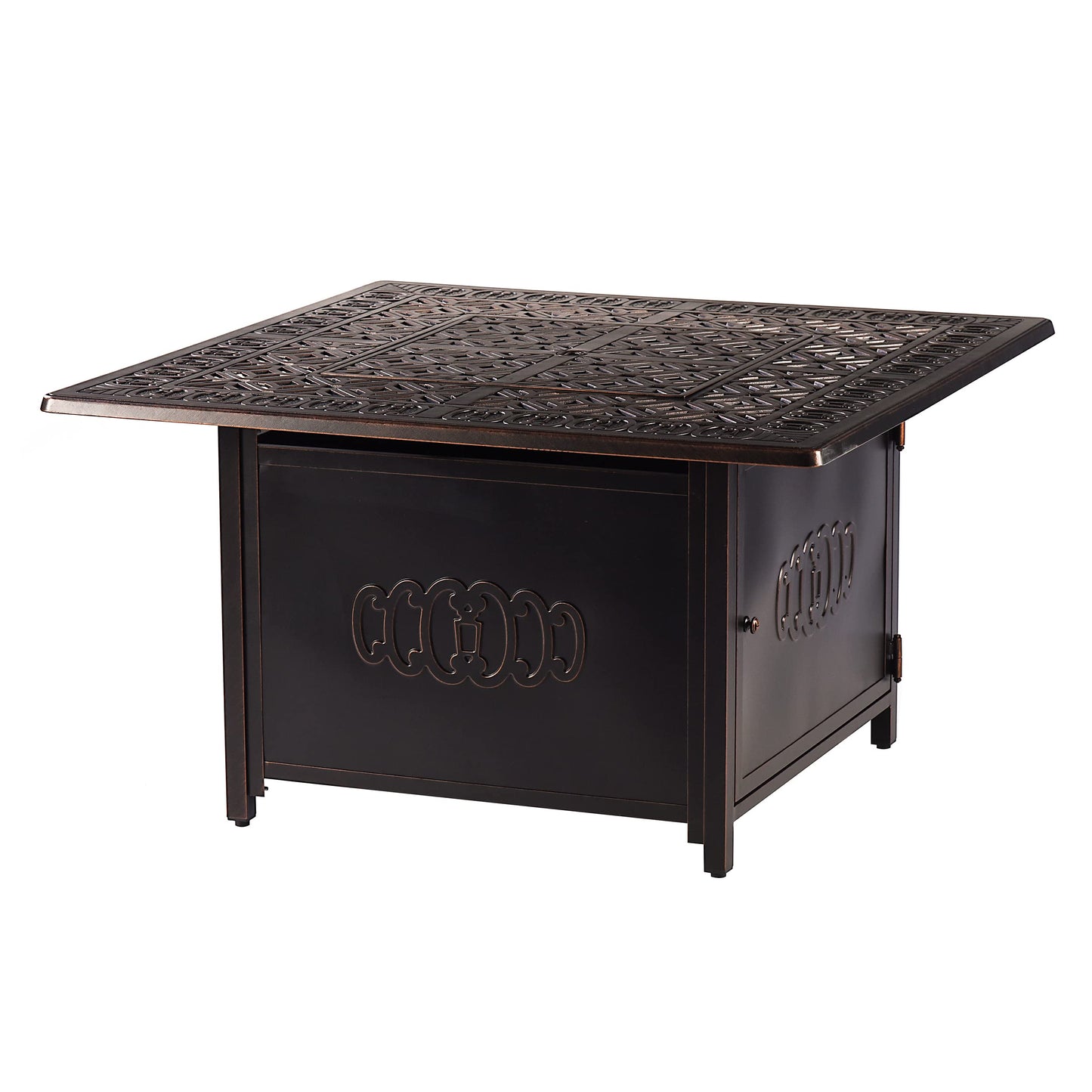 Oakland Living Aluminum 57,0000 BTU 42 in. Square Propane Black Fire Pit Table with Fire Beads, Lid, Propane Tank Cover and Table Fabric Covers in Copper Finish