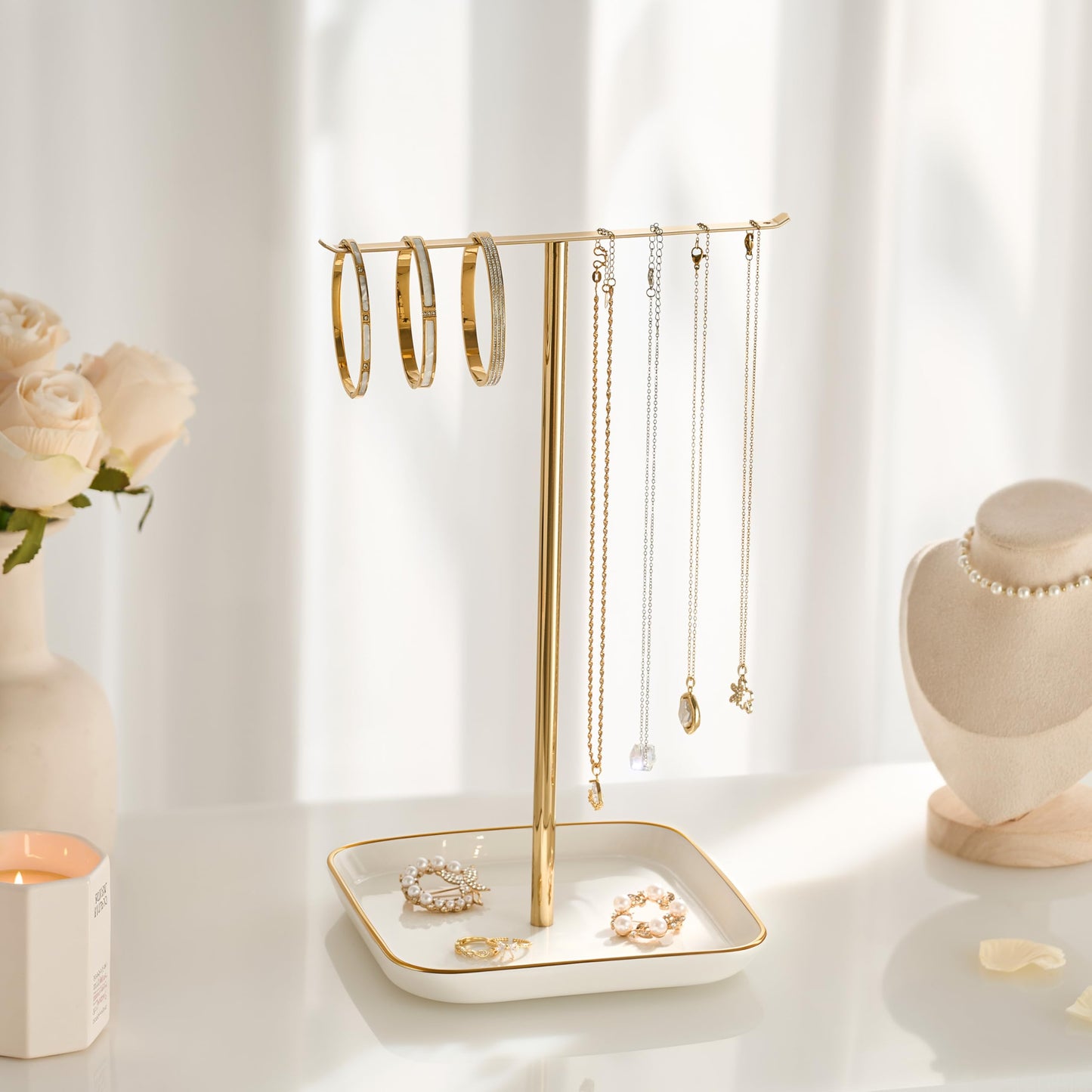 pickpiff Necklace Holder Stand with Ceramic Base: 12" Jewelry Tree Display Organizer for Necklaces, Bracelets, Rings, Earrings, Tall Gold Stand for Women, Aesthetic Room Décor, Gold and White