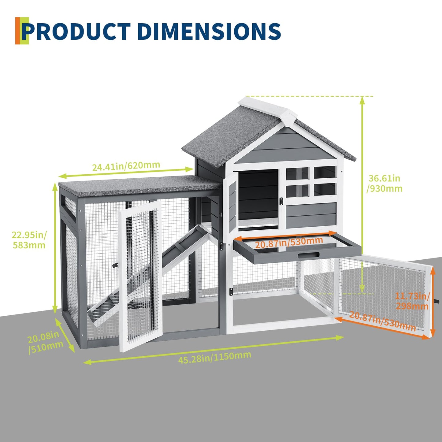 GarveeTech 2-Story Rabbit Hutch Outdoor, 45" Bunny Hutch, Small Chicken Coop Wooden with Pull-Out Tray & Ramp, Bunny Cage with Waterproof Roof, Poultry Cage for Bunnies, Chickens, Ducks, Guinea Pigs
