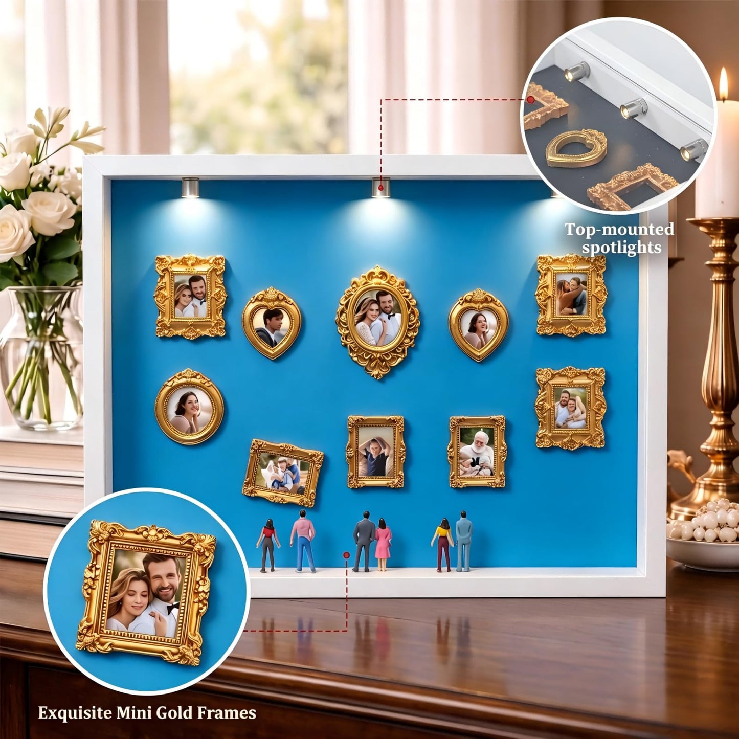 WQLLWFC Mini Museum Frame Silhouette Box Kit ，Wedding Shadow Memory Box with Gold Frames & Figurines & Background Paper，Perfect for Anniversaries, Mother's Day, Birthdays, Valentine's Day , Home Decor