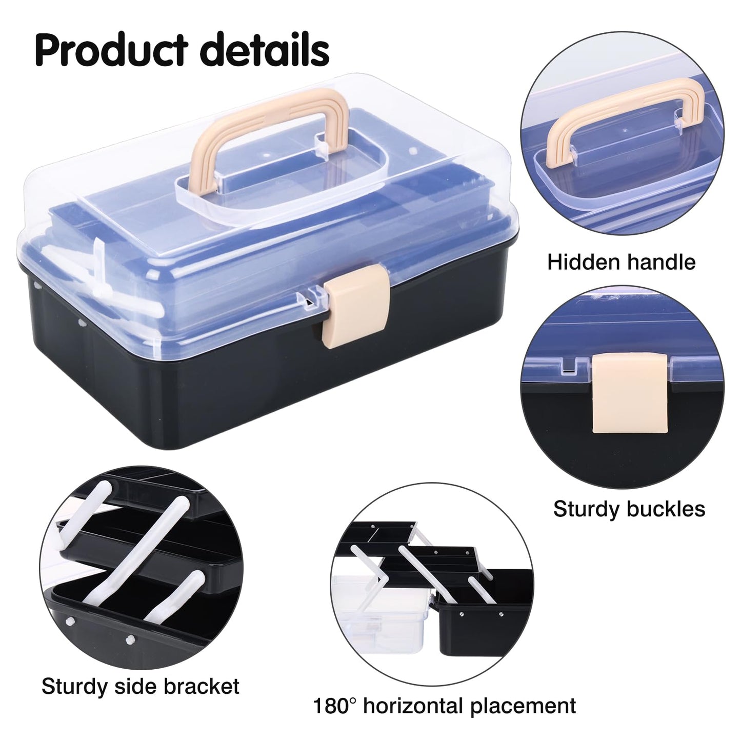 Craft Organizers, Tackle Box 3-Layer Portable Folding Toolbox, Plastic Tool Box with Handle for Sewing Supplies, Medicine, Art Supplies, Nails and Hair Accessories 12.5inch Black