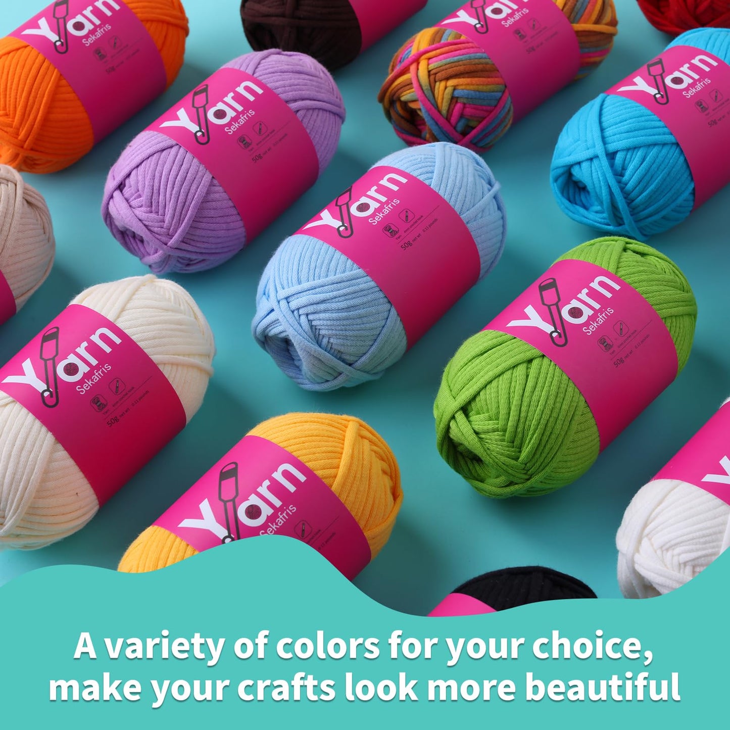 Sekafris 15 Pack Crochet Yarn Beginner - Black, White, Orange, Red, Green, Pink, Yellow Cotton Chunky Yarn - Easy-to-See Stitches for Crocheting (15 * 50g)