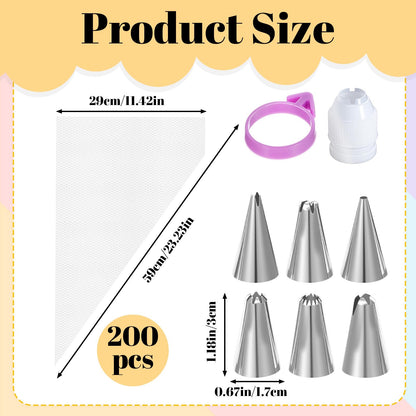 200Pcs Pastry Piping Bags and Tips Set, 24-Inch Disposable Icing Bags for Cake Decorating Kit with 1 Coupler and 6 Stainless Steel Frosting Tips, Professional Cake Supplies