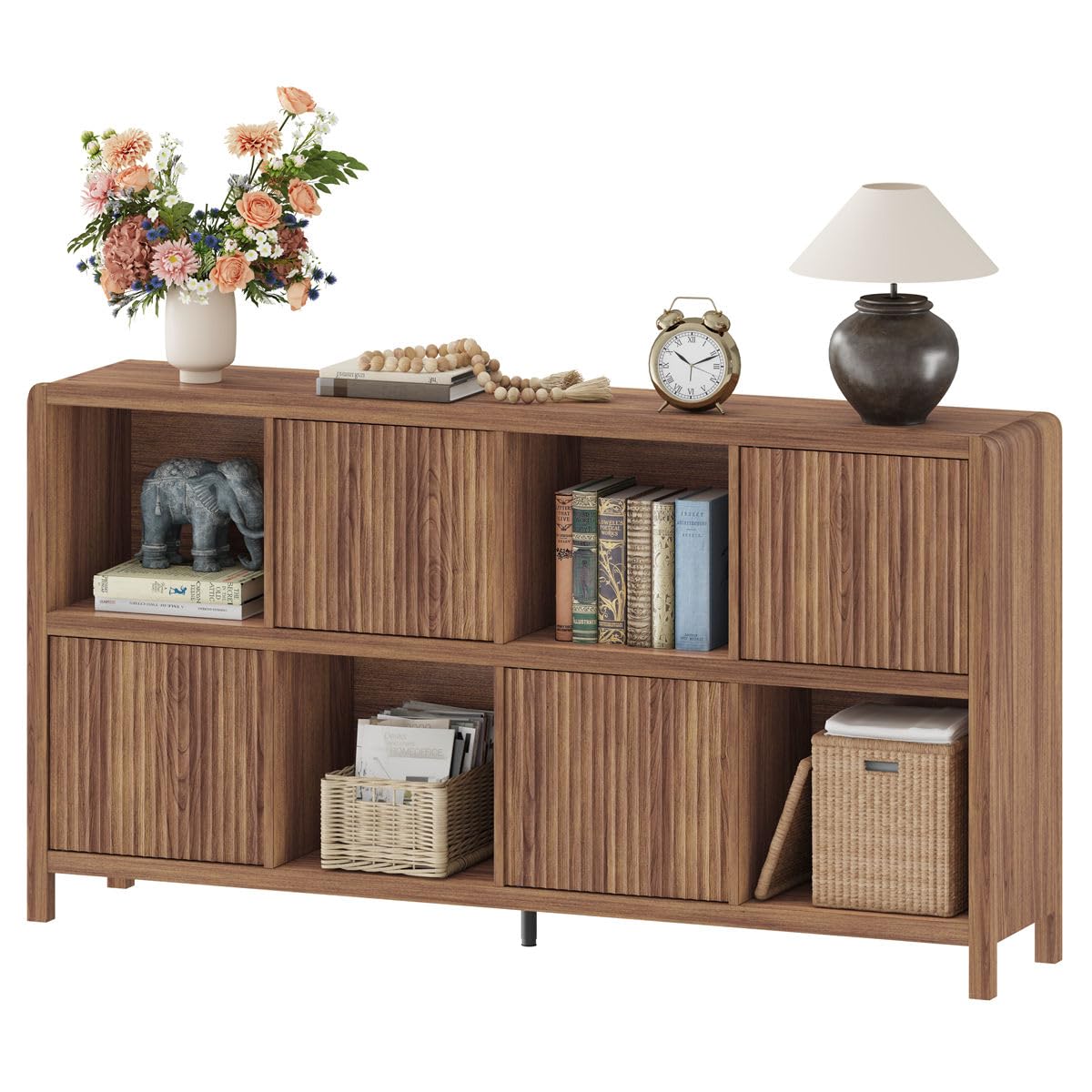 FATORRI 8 Cube Bookcase with 4 Doors, Wood Bookshelf with Storage Cabinet, Low Horizontal Storage Book Shelf for Living Room, Home Office, Dining (57 Inch Walnut)