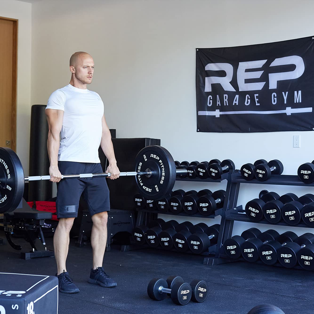 REP Urethane Coated Dumbbell Set - 5-50 lb with 3-Tier Rack