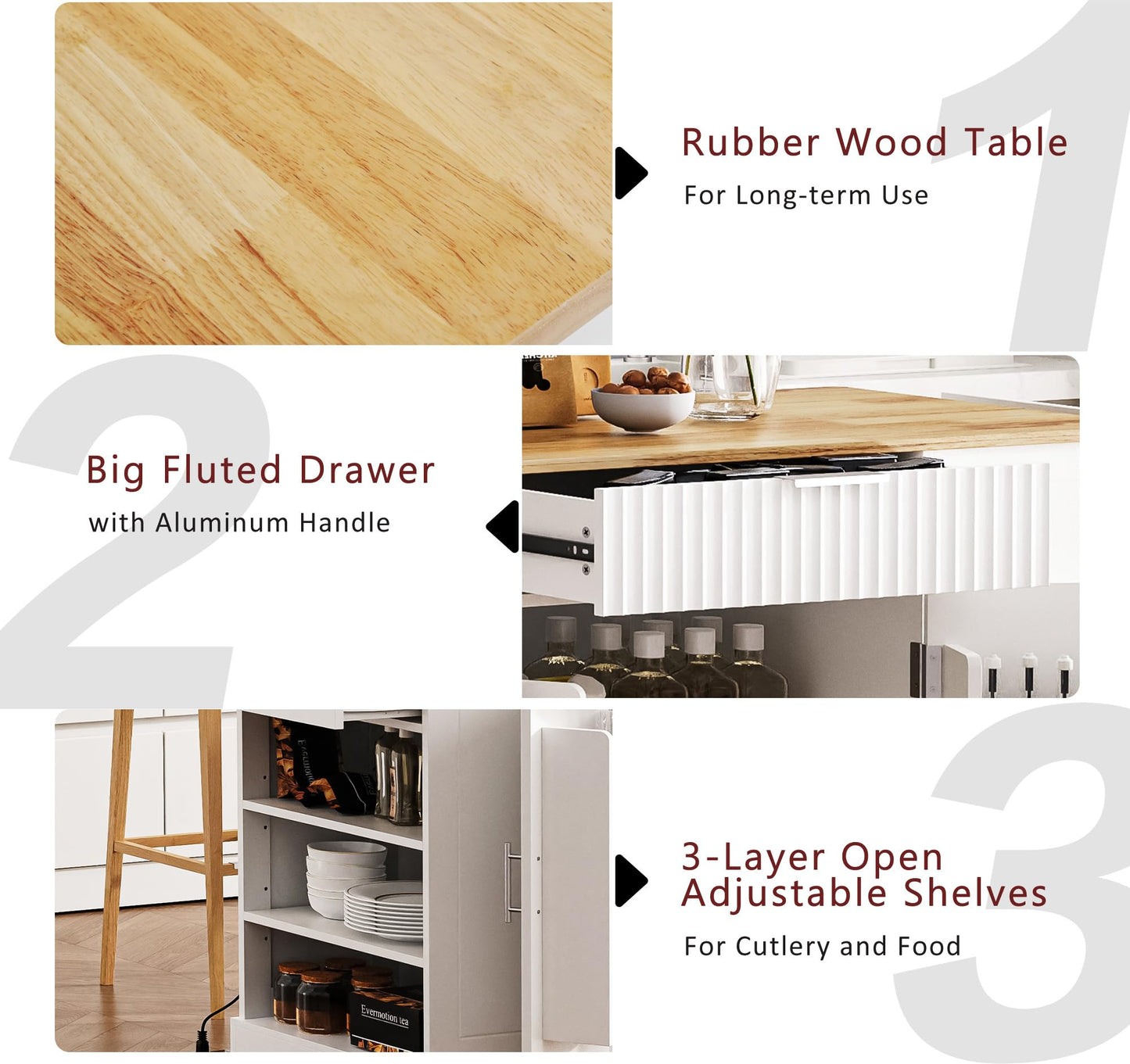 Ball & Cast Fluted Kitchen Island with Trash Can Storage Cabinet,Power Outlet,Internal Storage Rack,Rolling Kitchen Islands On 5 Wheels W/ 3 Drawer & 3 Open Side Racks for 10 Gallon Garbage Bin,White