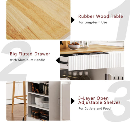Ball & Cast Fluted Kitchen Island with Trash Can Storage Cabinet,Power Outlet,Internal Storage Rack,Rolling Kitchen Islands On 5 Wheels W/ 3 Drawer & 3 Open Side Racks for 10 Gallon Garbage Bin,White
